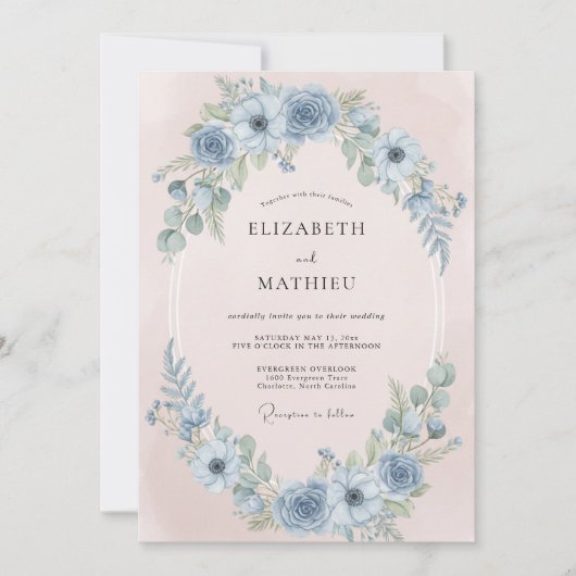 Invitation Mariage Anémone Rêveuse Bleu Acier (Devant)