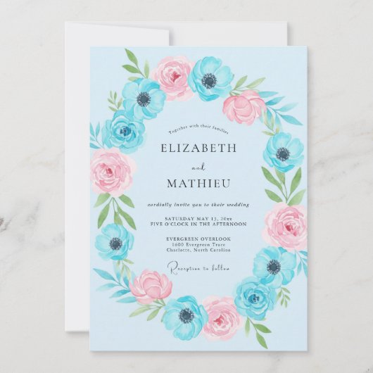 Invitation Mariage Anémone Rose Aqua (Devant)