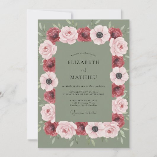 Invitation Mariage Anémone Rose Bourgogne (Devant)