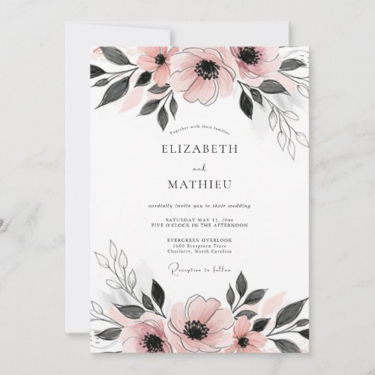Invitation Mariage Anémone Rose Pâle Élégant (Devant)