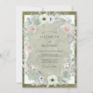 Invitation Mariage Anémone Rose Pâle et Olive