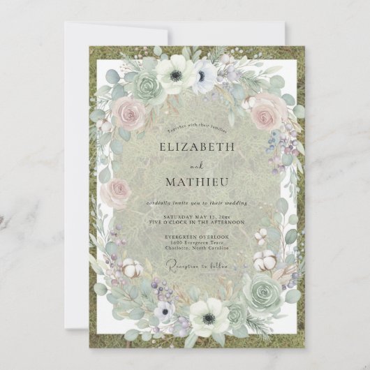 Invitation Mariage Anémone Rose Pâle et Olive (Devant)
