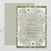 Invitation Mariage Anémone Rose Pâle et Olive (Devant / Derrière)