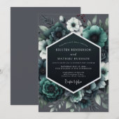 Invitation Mariage Anémone Teal Noir (Devant / Derrière)