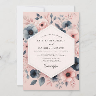 Invitation Mariage Anémone Teinté Bleu Poussiéreux