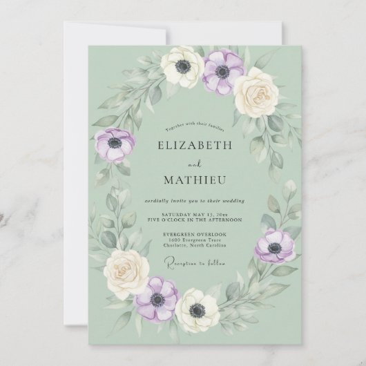 Invitation Mariage Anémone Violette Menthe (Devant)