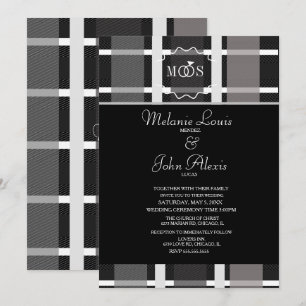 Invitation Mariage anneau logo gris carreaux moderne noir bla