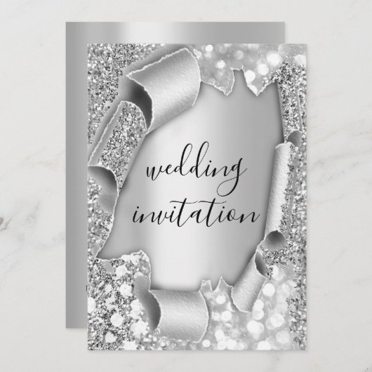 Invitation Mariage Anniversaire 3D Effet Glam Grey Argent (Devant / Derrière)