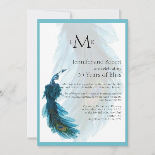 Invitation Mariage Anniversaire de la plume de paon bleu sarc (Devant)