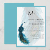 Invitation Mariage Anniversaire de la plume de paon bleu sarc (Devant / Derrière)