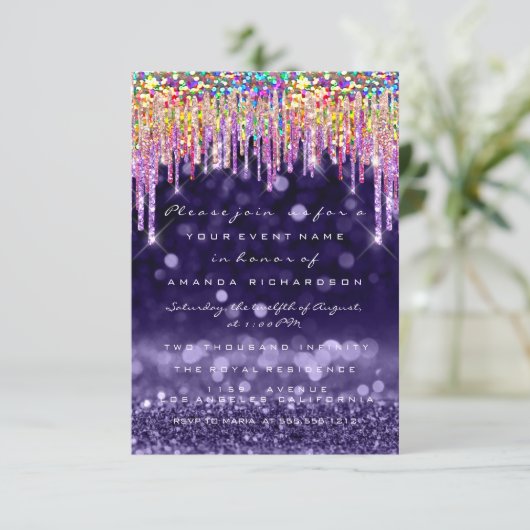 Invitation Mariage Anniversaire Fête Pailletements Violet Arc (Debout devant)