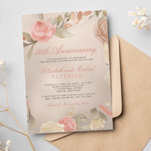 Invitation Mariage Anniversaire Fleur Corail Pêche Or Luxe