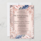 Invitation Mariage Anniversaire Fleur Rose Gold Pailleté (Devant)