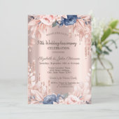Invitation Mariage Anniversaire Fleur Rose Gold Pailleté (Debout devant)