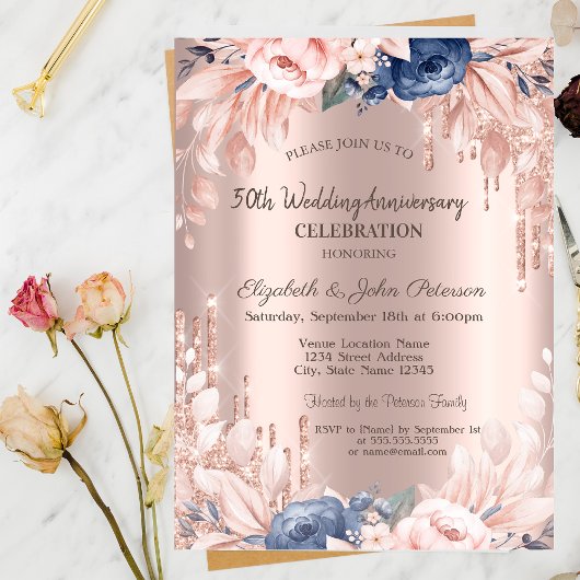 Invitation Mariage Anniversaire Fleur Rose Gold Pailleté