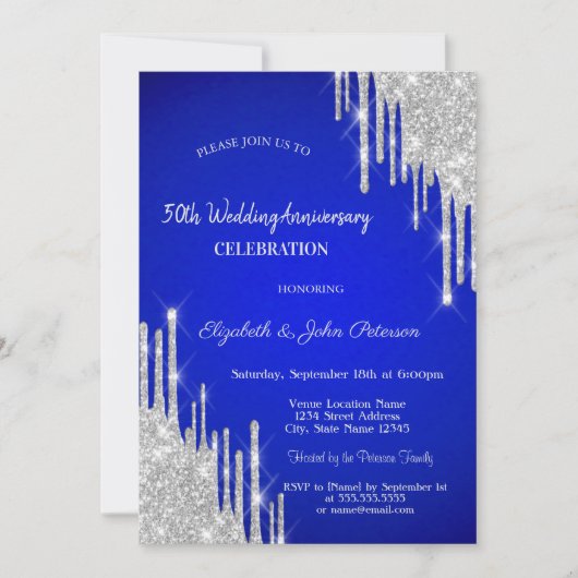 Invitation Mariage Anniversaire Royal Bleu Paillettes Gouttes (Devant)