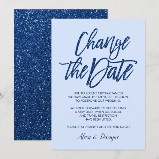 Invitation Mariage Annulé Reporté Glam Blue Glitter (Devant / Derrière)