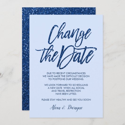 Invitation Mariage Annulé Reporté Glam Blue Paillettes (Devant / Derrière)