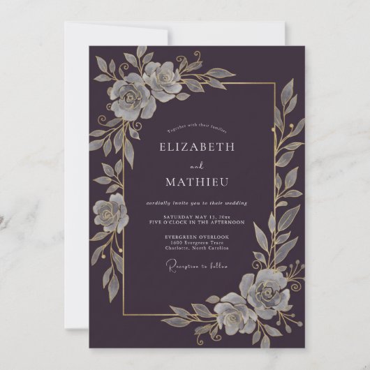 Invitation Mariage Antique Argent Vigne de Prune (Devant)