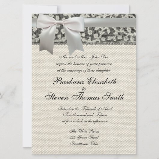 Invitation Mariage Antique Dentelle Lin Blanc Classique Joli (Devant)