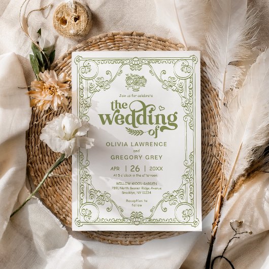Invitation mariage antique vintage Olive Green