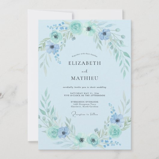 Invitation Mariage Aqua Azur Feuillage Eucalyptus (Devant)