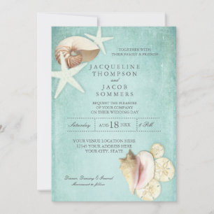 Invitation Mariage Aqua Blue Beach Ocean Shell Sand Seashells