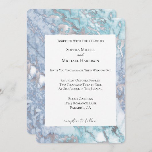 Invitation Mariage Aqua Blue Silver (Devant / Derrière)