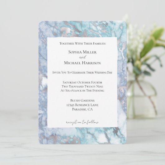 Invitation Mariage Aqua Blue Silver (Debout devant)