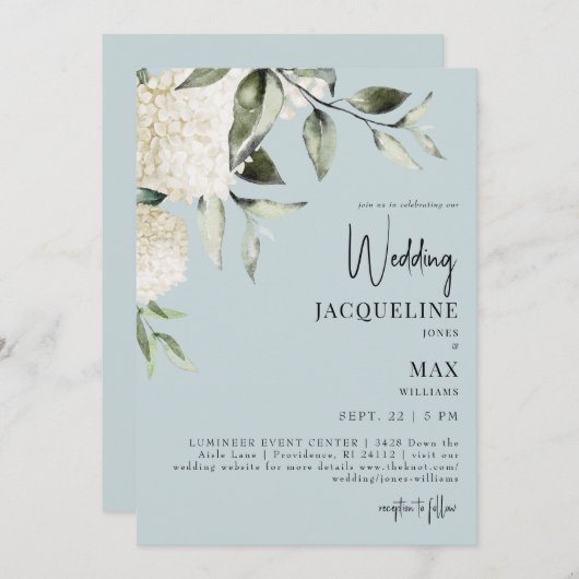 Invitation Mariage Aqua Blue White Hydrangeas (Devant / Derrière)