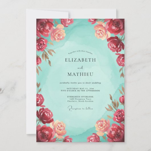 Invitation Mariage Aqua Bourguignon Fleur (Devant)