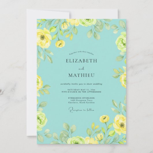 Invitation Mariage Aqua Citron Renoncule Eucalyptus (Devant)