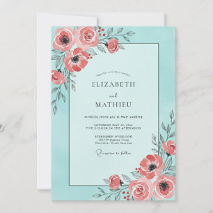 Invitation Mariage Aqua Corail Ranunculus Eucalyptus