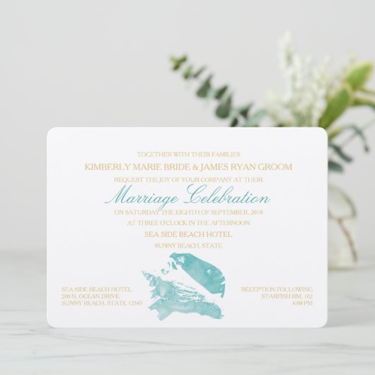 Invitation Mariage Aqua et Gold Seashell Beach (Debout devant)