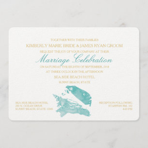 Invitation Mariage Aqua et Gold Seashell Beach