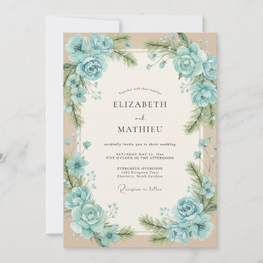 Invitation Mariage Aqua Feuillage Beige Eucalyptus (Devant)