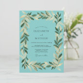 Invitation Mariage Aqua Feuille d'Or (Debout devant)