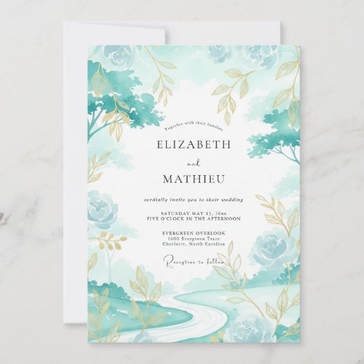 Invitation Mariage Aqua Feuille D'or (Devant)