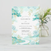 Invitation Mariage Aqua Feuille D'or (Debout devant)