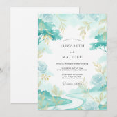Invitation Mariage Aqua Feuille D'or (Devant / Derrière)