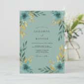 Invitation Mariage Aqua Feuille Dorée (Debout devant)