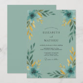 Invitation Mariage Aqua Feuille Dorée (Devant / Derrière)