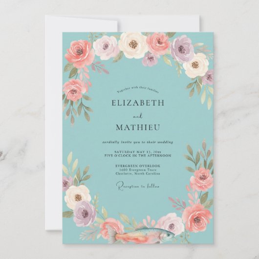 Invitation Mariage Aqua Fleur de Corail (Devant)