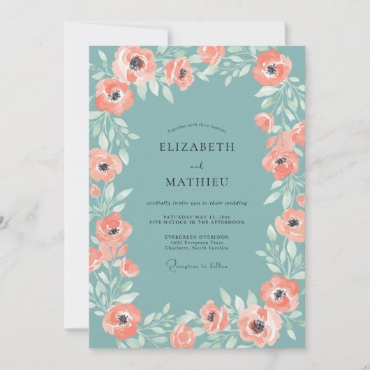 Invitation Mariage Aqua Fleur de Corail Chaud (Devant)