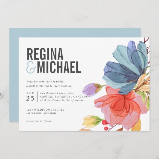 Invitation Mariage aqua Fleur sauvage (Devant / Derrière)