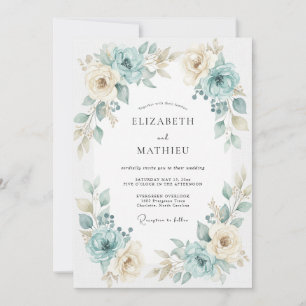 Invitation Mariage Aqua Gold Ranunculus Eucalyptus