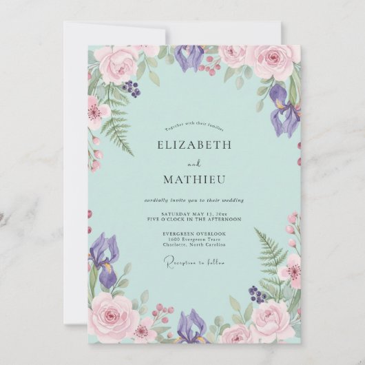 Invitation Mariage Aqua Iris Pourpre Eucalyptus (Devant)