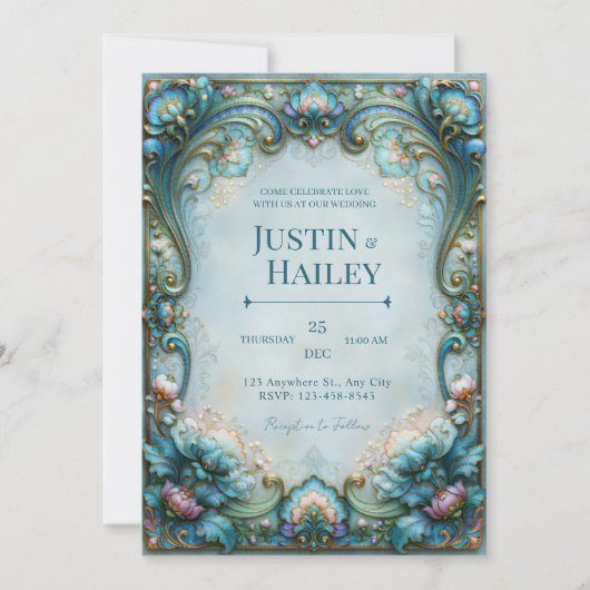 Invitation Mariage Aqua Lotus Filigrane (Devant)