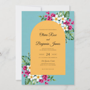Invitation Mariage Aqua Magenta Plumeria Eucalyptus