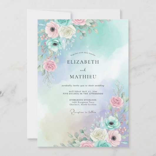 Invitation Mariage Aqua Pêche Ranunculus Eucalyptus (Devant)